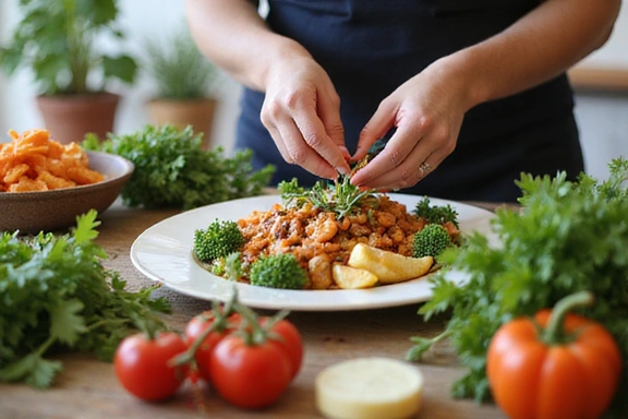 A person preparing a meal with fresh, organic ingredients, emphasizing healthy cooking.