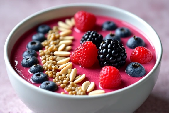A vibrant smoothie bowl topped with fresh berries, nuts, and seeds, perfect for a healthy breakfast.