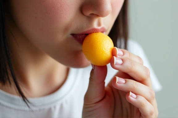 A person slowly savoring a piece of fruit, illustrating mindful eating.