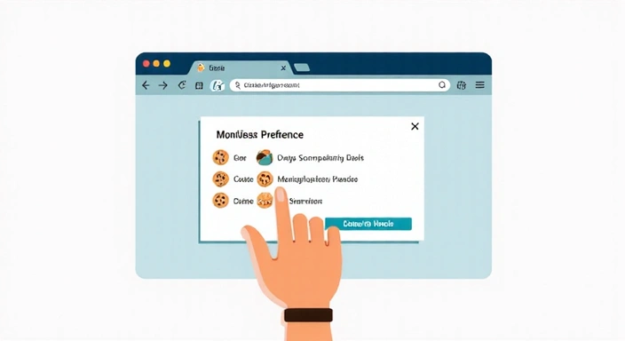 Illustration of a hand clicking on a 'Manage Cookie Preferences' button on a browser screen, symbolizing user control over cookie settings.