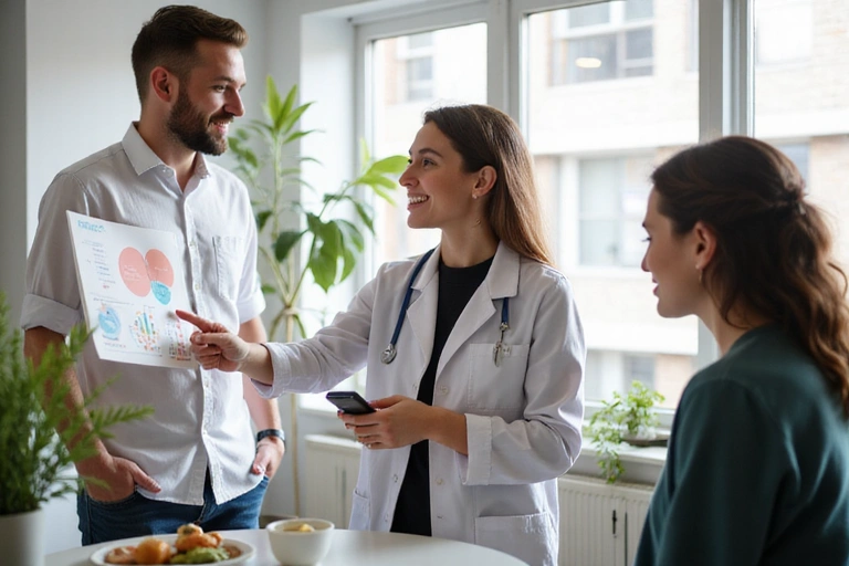A nutritionist explaining a concept to a client in a bright, modern office setting, emphasizing clarity and understanding.
