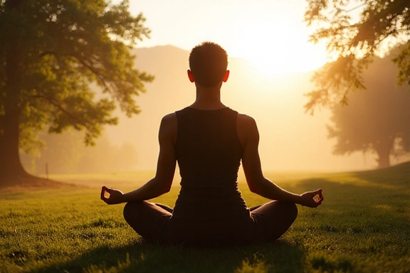 A person meditating peacefully in a lush, green natural setting