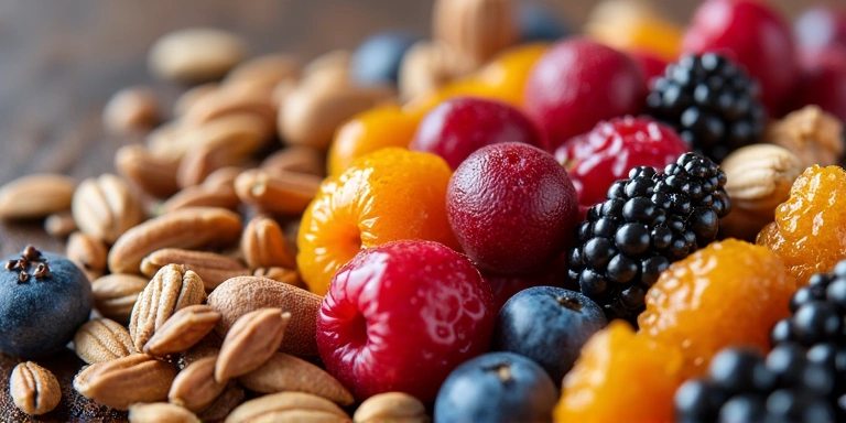Various superfoods like berries, nuts, and seeds