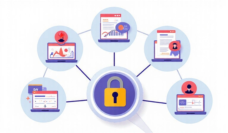 Data collection illustration showing various types of data being gathered securely
