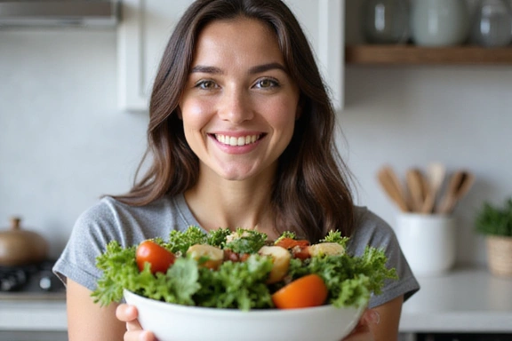 A woman enjoying a healthy salad, symbolizing personalized meal plans and nutritious eating.
