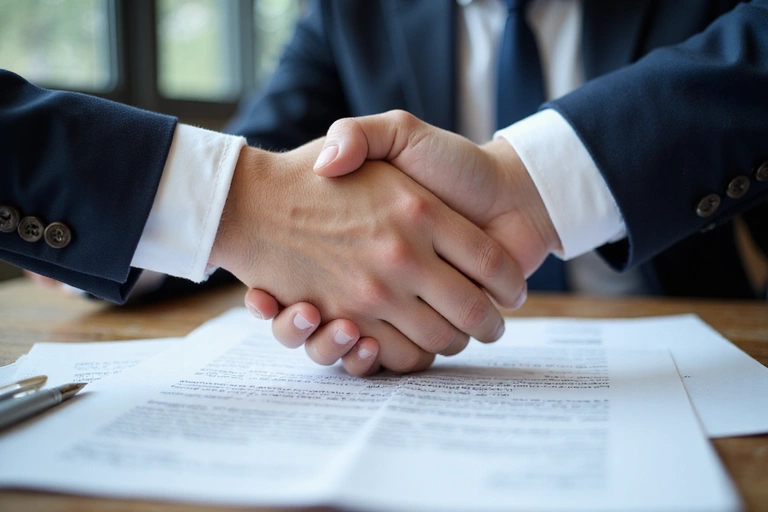 Hands shaking over a legal document, symbolizing agreement and partnership