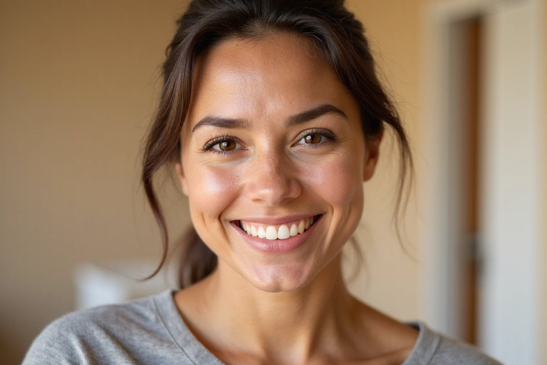 A woman smiling, looking healthy and vibrant, representing client success after a wellness program.